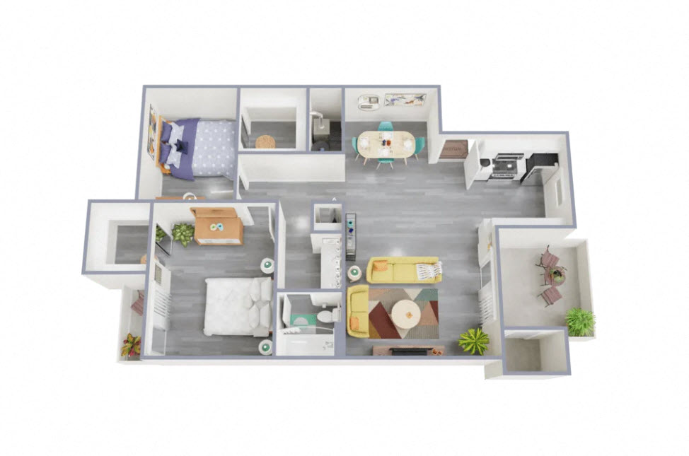 Floor plan for 2 beds, 1 bath, 864 sqft